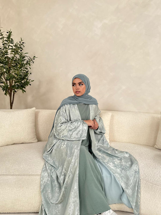 Luxury Sage Green Batwing Open Abaya Set