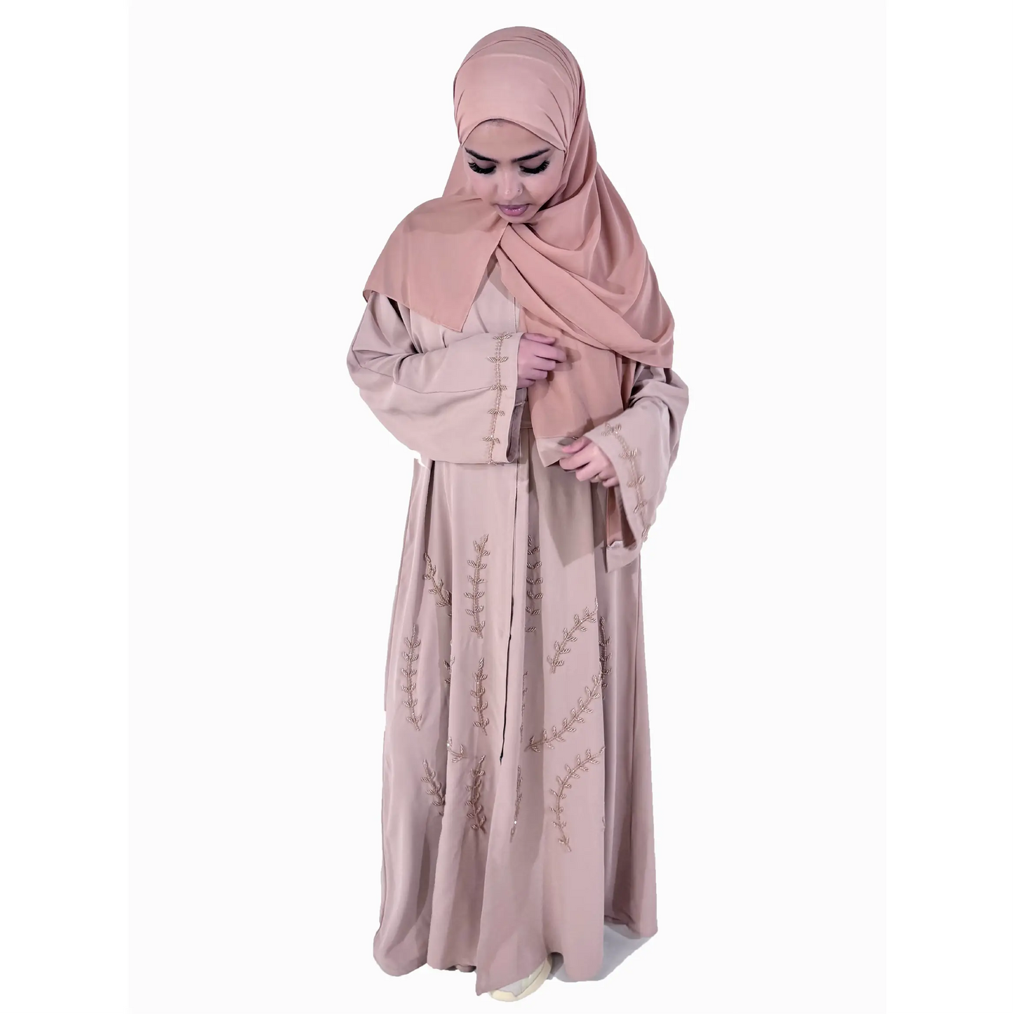 Embellished 3-Piece Beige Abaya