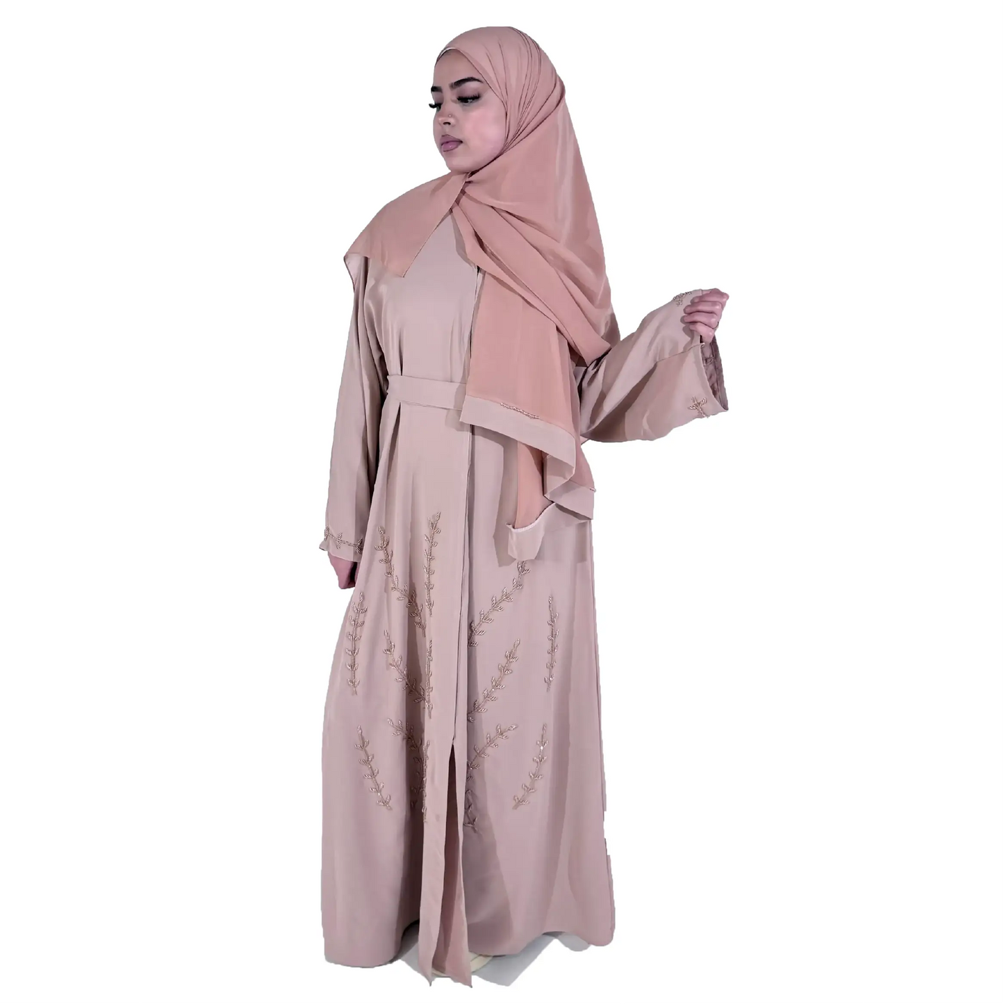 Embellished 3-Piece Beige Abaya