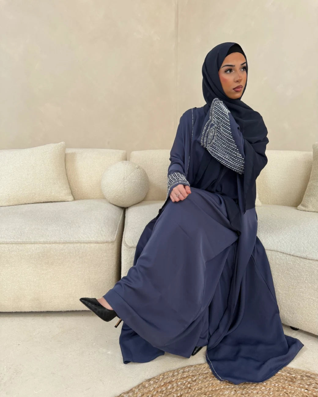 Embellished Blue Open Abaya Set