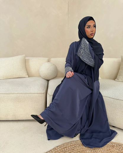 Embellished Blue Open Abaya Set