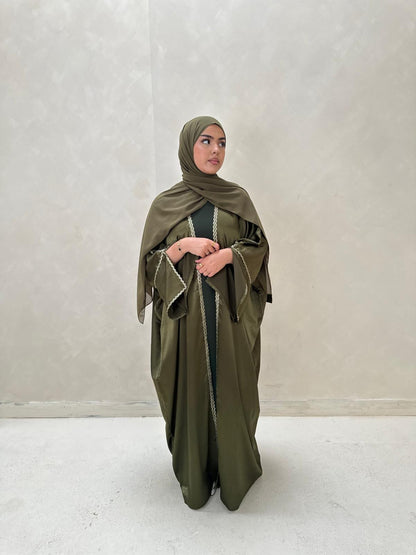 Luxury Olive Green Open Abaya Set