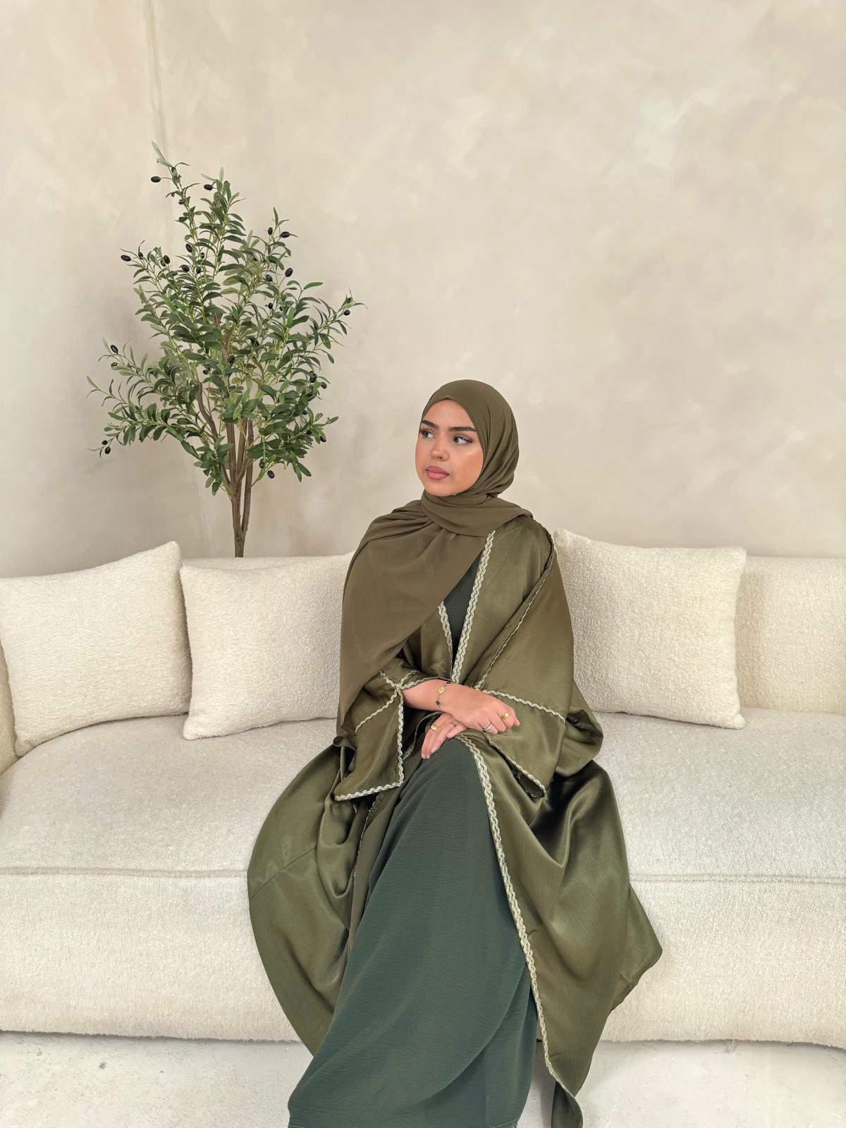 Luxury Olive Green Open Abaya Set