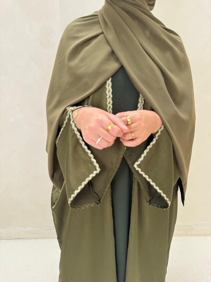 Luxury Olive Green Open Abaya Set