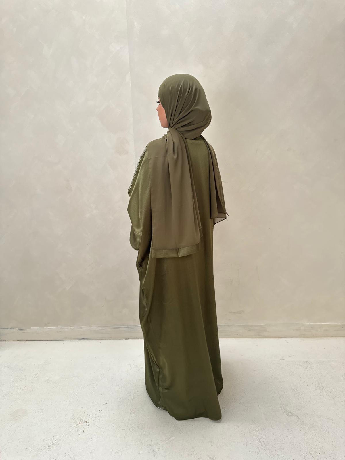 Luxury Olive Green Open Abaya Set