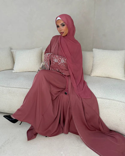 Pink Embellished Flower Open Abaya Set