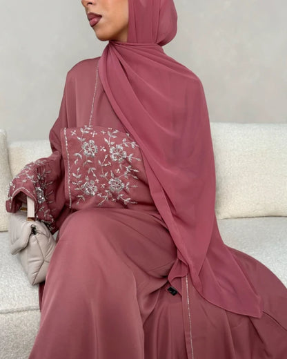 Pink Embellished Flower Open Abaya Set