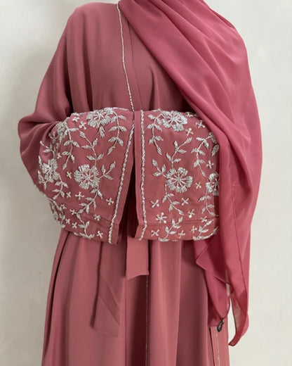 Pink Embellished Flower Open Abaya Set