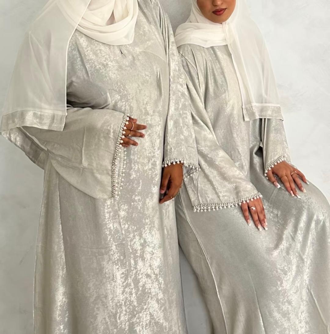 Luxury Silver Shimmery Metallic 2 Piece Abaya Set